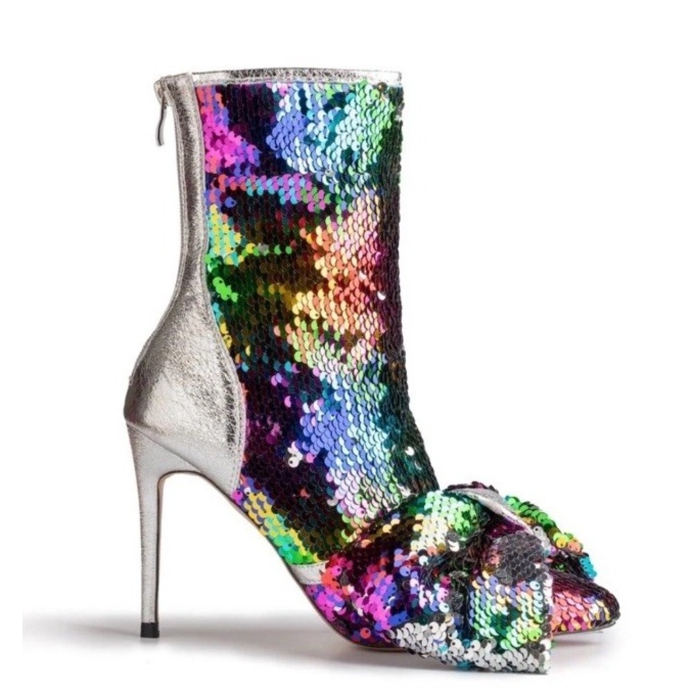 Pink Elephant‎ Multi Sequin Iconic Bow Bootie Boot Size 38 Sparkle 7.5